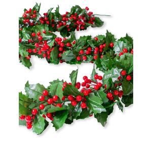 2 Pieses Red Berry and Green Holly Garland,6 1/2 Feet Each